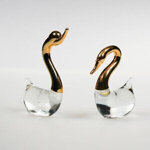Vintage Pair of Glass Swan Figurines — Clear with Gold Accents